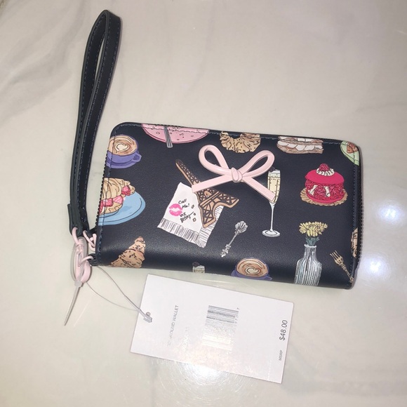 Betsey Johnson Black Faux Leather ZA Wallet Multi Colored Paris Dessert NWT - Picture 3 of 16